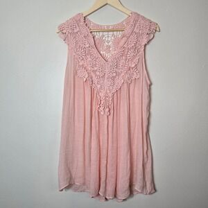 Filly Flair Pink Crochet Lace V-Neck Gauze Sleeveless Flowy Blouse Top Large